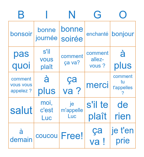 SALUER ET PRENDRE CONGÉ Bingo Card