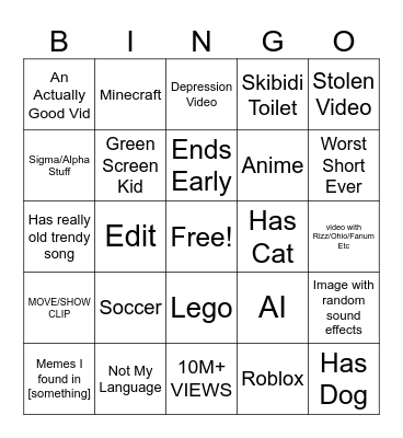 Yt Shorts Bingo Card