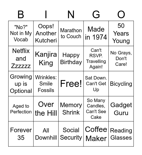 Karthik's 50th Birthday Bingo Card
