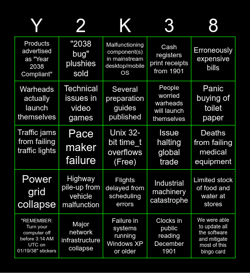 Year 2038 Epochalypse Bingo Card