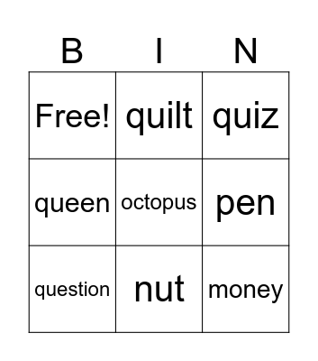 Letter PQ Bingo Card