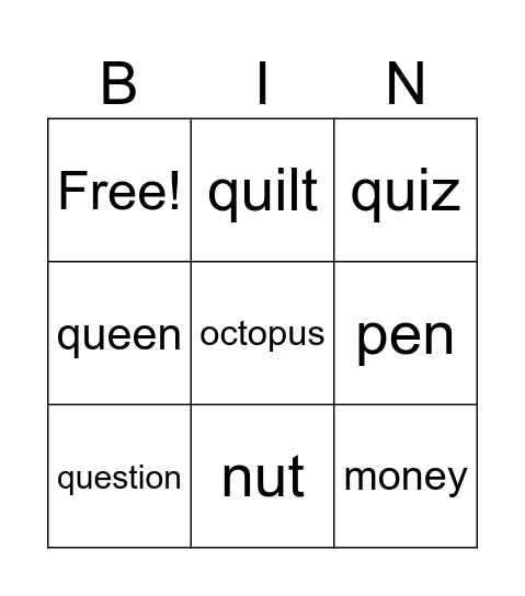 Letter PQ Bingo Card