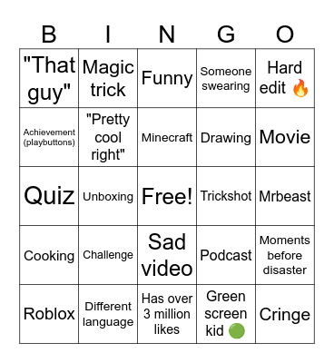 Youtube short Bingo Card