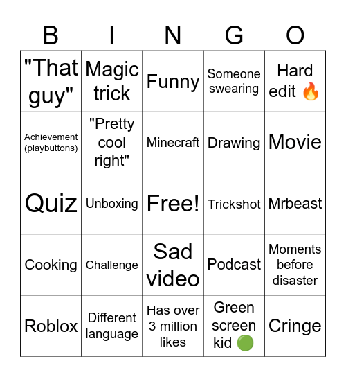 Youtube short Bingo Card