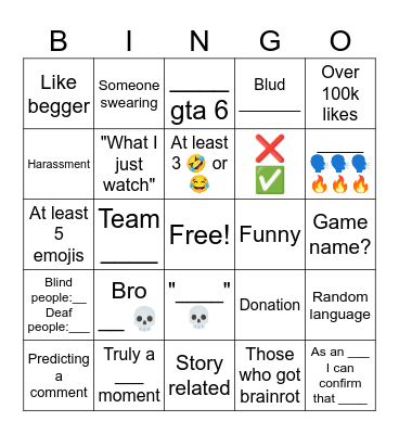Comment section on Youtube Bingo Card