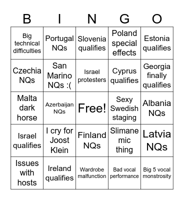 Eurovision Semi Finals Bingo Card