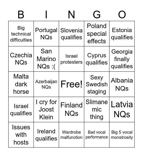 Eurovision Semi Finals Bingo Card