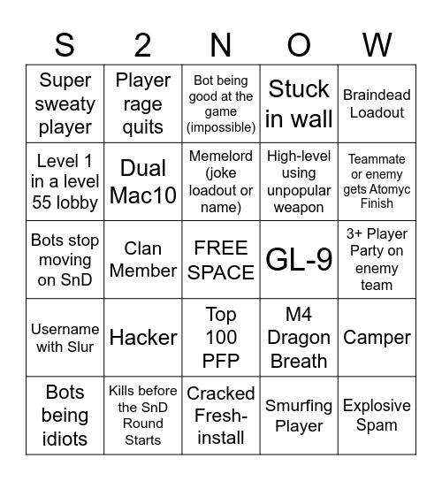 Combat Master Bingo Card