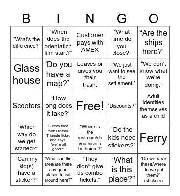 Visitor Services Bingo 5/5 Bingo Card