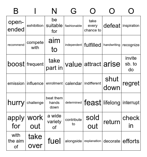 期中考词汇清单 Bingo Card