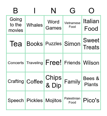 Alia's Favorite Things Bingo Card