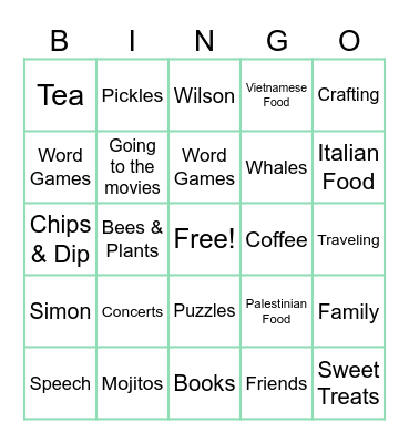 Alia's Favorite Things Bingo Card