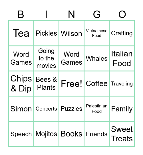 Alia's Favorite Things Bingo Card