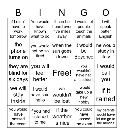 Conditionals Bingo Card