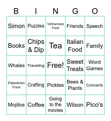 Alia's Favorite Things Bingo Card