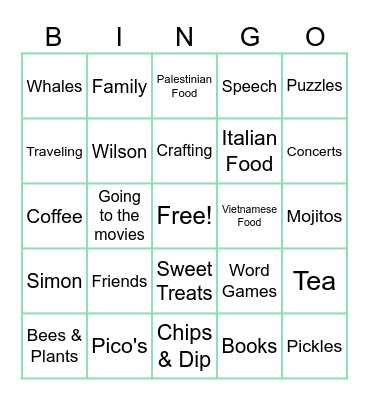 Alia's Favorite Things Bingo Card