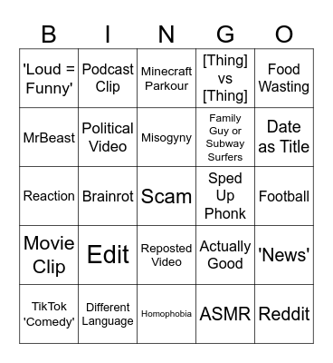 YouTube Shorts Bingo Card