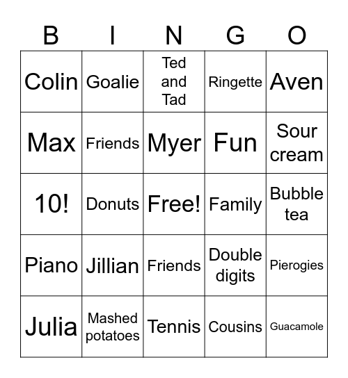 Jillian’s 10th birthday bingo! Bingo Card