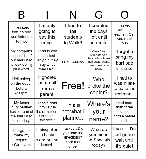 Funny Teacher Phrases Bingo Card