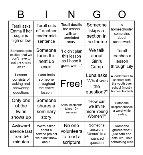 YW's Bingo Card