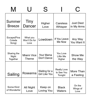 Yacht Rock Bingo Card