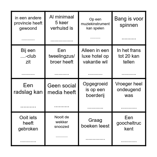 BINGO: Zoek iemand die.... Bingo Card