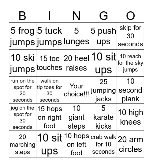 Movement Bingo Card