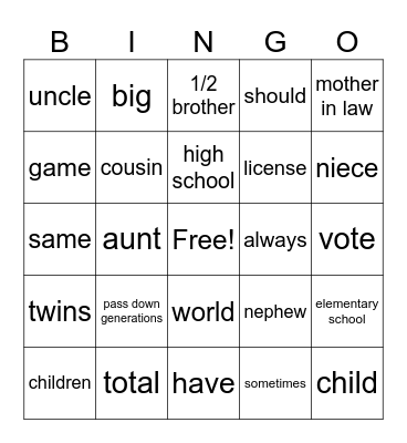 Extended Family Bingo Card