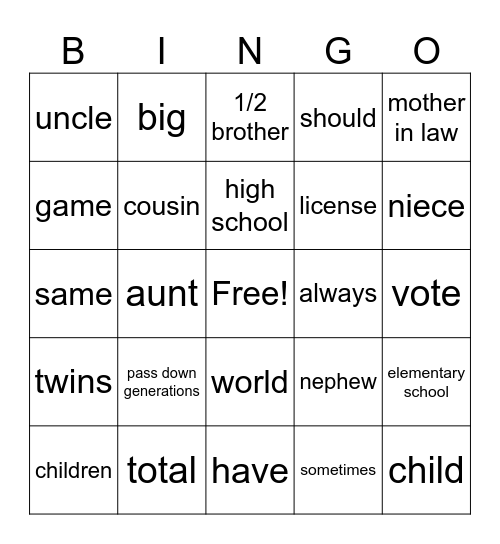 Extended Family Bingo Card