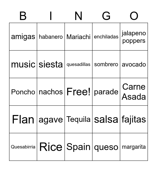 Cinco de Mayo Bingo Card