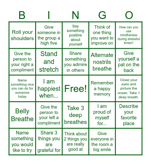 Mindfulness Bingo Card