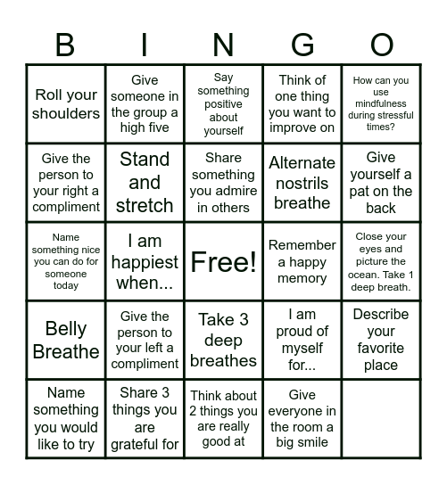 Mindfulness Bingo Card