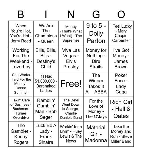 Money, It's What I Want Bingo Card