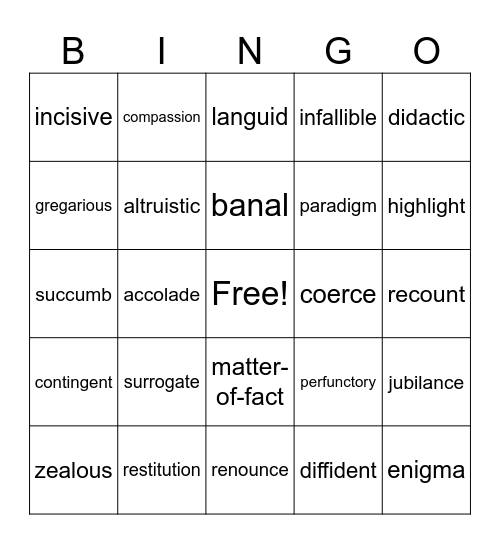 Spring Vocabulary Bingo Card