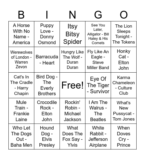 If I Could Talk To the Animals Bingo Card