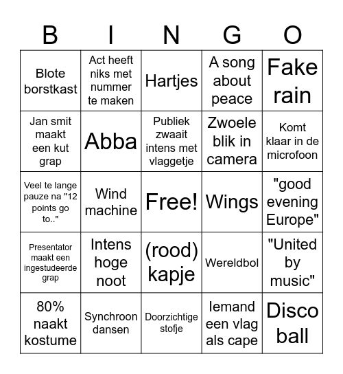 Eurovisie Bingo Card