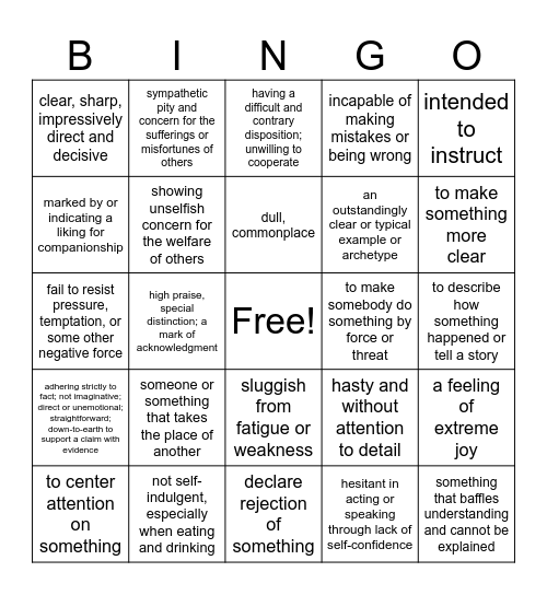 Spring Vocabulary Bingo Card