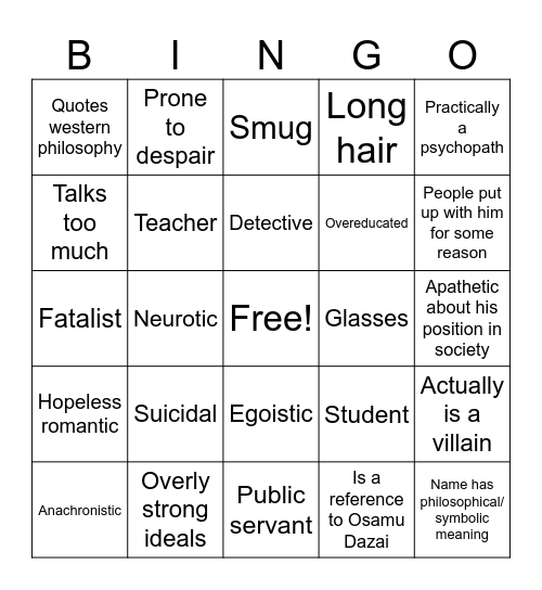 Josef Comfort Character Bingo Card