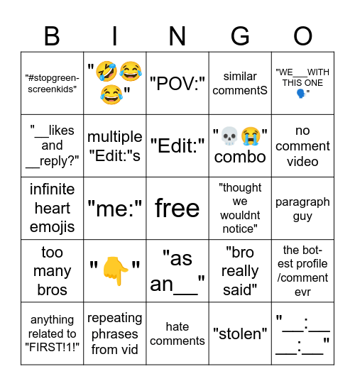 cringe comment section Bingo Card