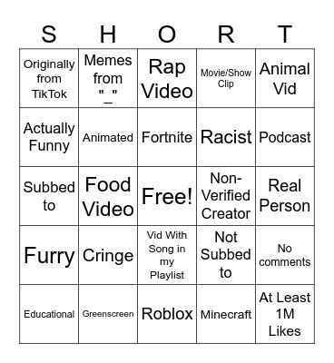 YT Shorts Bingo Card