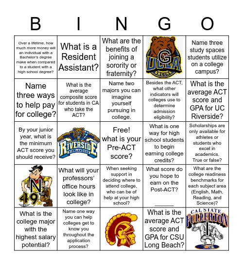 College Knowledge Bingo Card