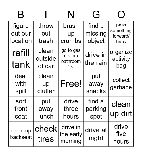 Car Task Bingo Card