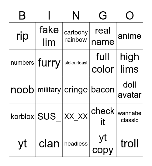 roablax Bingo Card