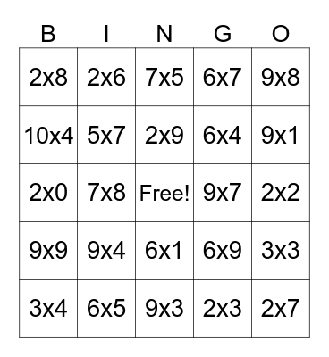 Multiplication bingo Card