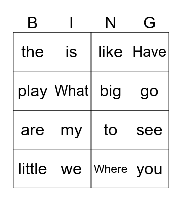 Sight Words Bingo Card