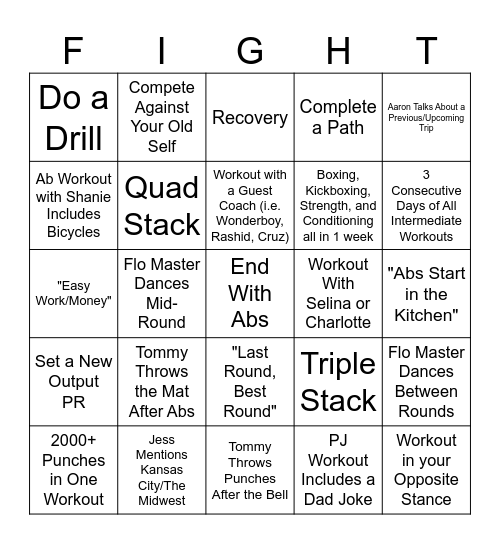 Fight Camp Bingo Card