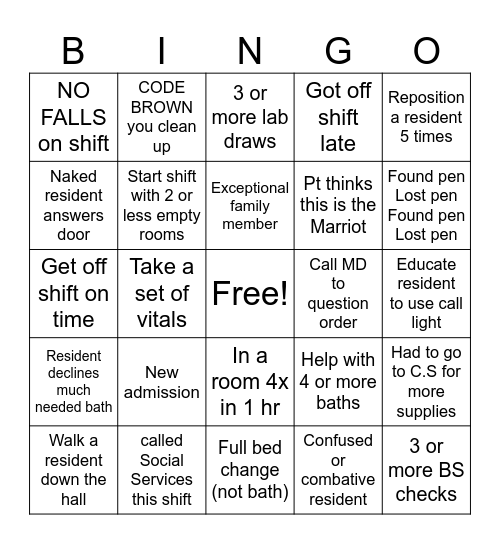 Nursing Home Bingo Card