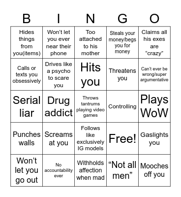 Crazy/ Toxic Man Bingo Card