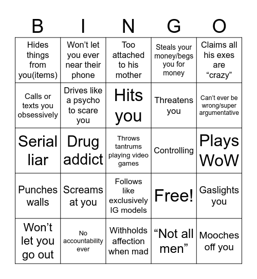 Crazy/ Toxic Man Bingo Card