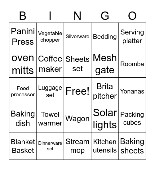 Wedding Gift Bingo Card